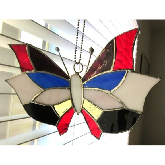 Vintage Stained Glass Butterfly Hand-Crafted Sun Catcher Red Blue White - Picture 6 of 12